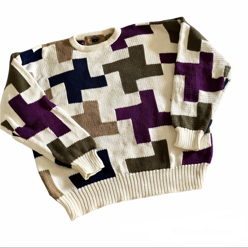 Vintage Saratoga By Robert Peritz Sweater Cotton Knit Purple Cream Geometric S